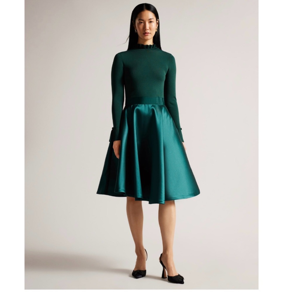 Ted Baker Zadi Full Skirt Dress Dark Green NWT Long Sleeve Bow Mock Neck Sz 4